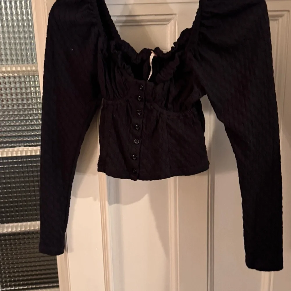 Free People Ladybug Long Sleeve Sweetheart Neck Top Black XS